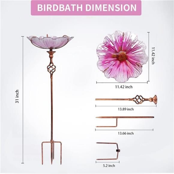 31 Inch Height Glass Birdbath Birdfeeder with Metal Stake Garden Yard - Picture 3 of 8